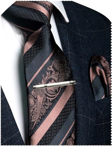 JEMYGINS Rose Gold Floral Tie Silk Necktie and Pocket Square Hankerchef Tie Clip Sets for Men(29)