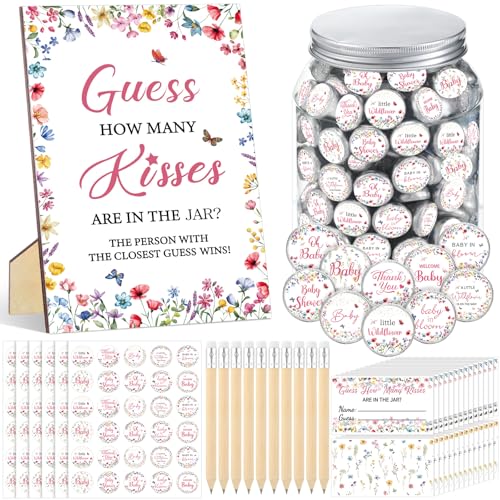 Jeu Guess How Many Kisses fleurs sauvages avec 50 cartes de devinettes pour baby shower