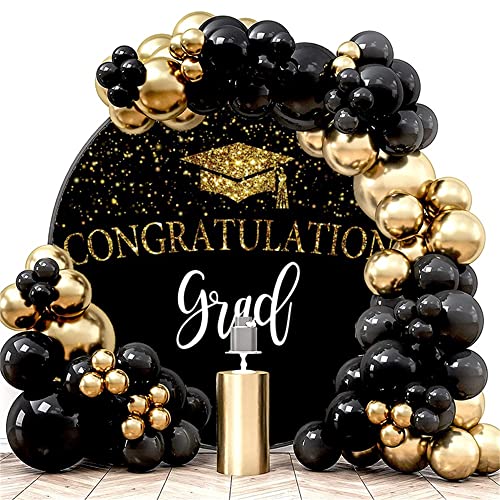 OERJU Graduation Round Backdrop Cover Congrats Grad Round Backdrop Black and Gold Congratulations Graduation Party Decoration Circle Background Arch Cover Photo Shoot Props 5x5ft by OERJU - Used condition - Image 2