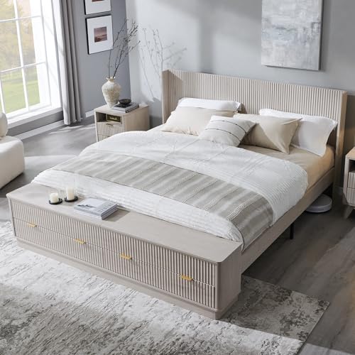T4TREAM Fluted King Size Bed Frame with Wingback Headboard Footboard Storage Bench with Built-in Drawers & Lift-Up Compartments Wood & Steel Platform Bed No Box Spring Needed White Alder