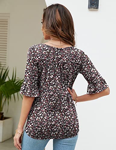 Bashafo Womens 3/4 Sleeve Shirts Dressy Casual Square Neck Half Sleeve Tops Peasant Work Blouses Small Floral Print S #TOP4