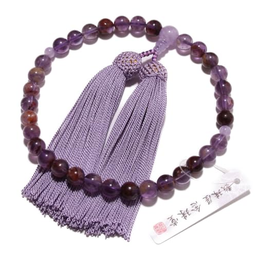 念珠堂 < 日本製 数珠 > 女性用 高級天然石 ルート アメジスト 藤雲石入 正絹房 (房色 藤) 国産 数珠袋付き 