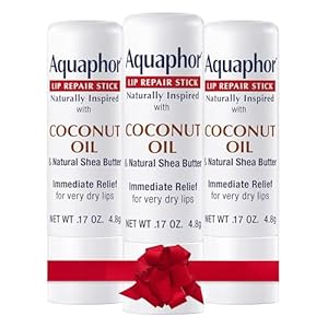 Aquaphor Naturally Inspired Lip Repair Stick with Coconut Oil and Natural Shea Butter, Hydrating Lip Balm Immediately Relieves Dryness and Soothes Chapped Lips, 0.17 Oz Stick, Pack of 3