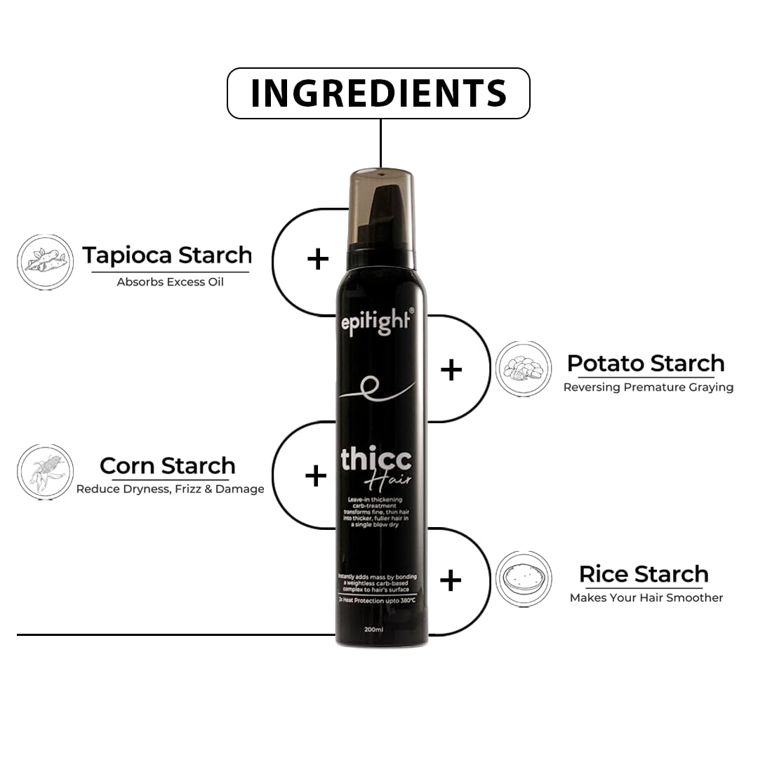 Epitight Thicc Hair|Weightless Carb-Based Mousse Formula|Fine Hair To Fuller Hair |All Hair Types|100% Natural Ingredients|Leave-In Treatment|2X Heat Protection Upto 380°C|For Women|200Ml - Image 5 thumbnail