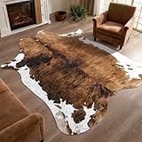 DweIke Faux Cowhide Print Rug for Living Room, 4.6 x 5.2 ft Brown Western Animal Cow Hide Rugs, Non Slip Cool Cow Skin Carpet for Bedroom Dining Room Farmhouse Entrance Home Decor, Brown