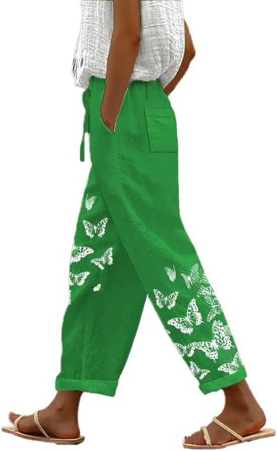 Linen Boho Pants for Women Butterfly Print Loose Casual Pants with Pockets Comfy Elastic Waist Lightweight Trousers
