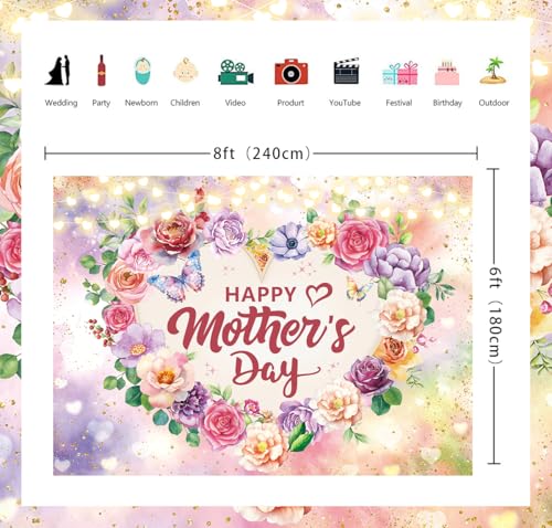 Happy Mother's Day Backdrop Pink Purple Love Heart Flowers Glitter Gold Dots Watercolor Photography Background Women Queen Best Mom Birthday Party Decorations Banner Photo Supplies (8x6FT) by JSHENGZHYI - Used condition - Image 7
