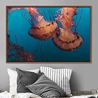 Framed Canvas Wall Art Jellyfish Floating Colorful Fish Group Marine Life Multicolor Nautical Photography Realism Ultra - 16x24 inches