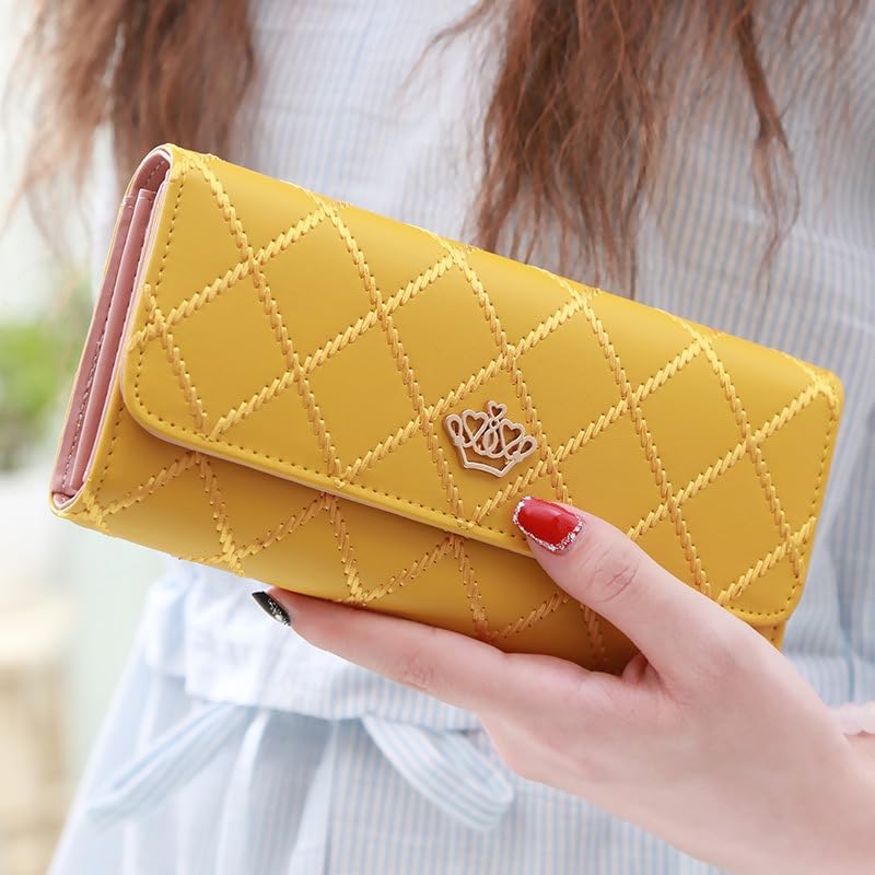 Women's Large-Capacity Tri-Fold Wallet with Zipper Closure - Long Mini Leather Purse, Leather Casual/Professional Wallet for Cash, Cards, Yellow, Minimalist