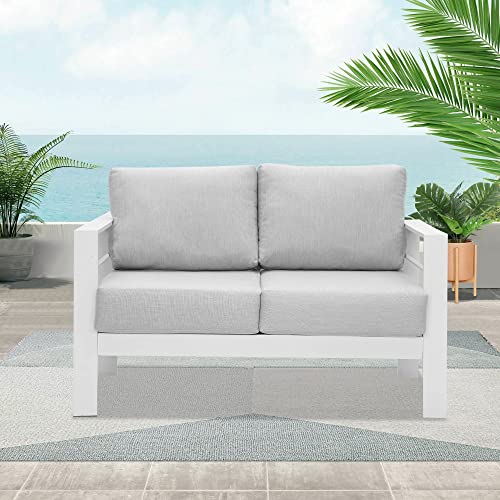Wisteria Lane Patio Furniture Aluminum Loveseat, All-Weather Outdoor 2 Seats Sofa Couch, White Metal Chair With Light Grey Cushions #TOP1