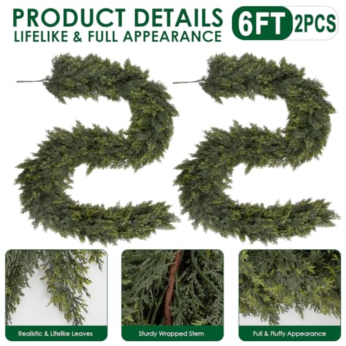 Image of Hananona 6FT Artificial Cedar Garlands, 2Pcs Real Touch Soft Cedar Pine Garland, Winter Artificial Greenery Garland for Fireplace Mantel Staircase Porch Table Indoor Home Decor (2, Dark Green, 6FT)