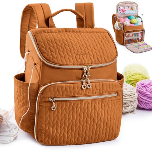 MYBAGZING Bolsa de tricô, mochila grande de crochê - organizador de bolsa de crochê, organizador de armazenamento de fios - suporte de fio com 10 bolsos para acessórios de crochê, suprimentos de tricô