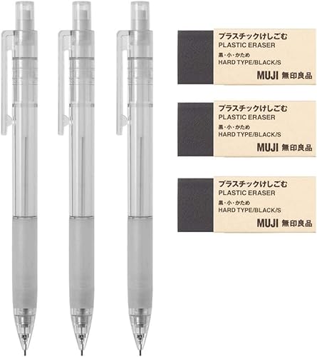 MUJI Portaminas W de policarbonato con agarre de goma, 3 piezas y borrador MUJI negro - pequeño, 3 piezas