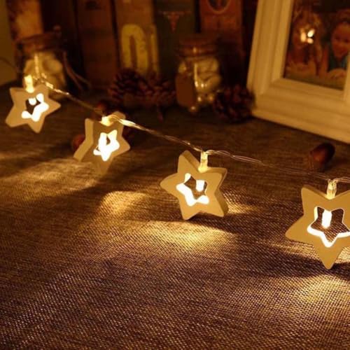 Image of K D 20 LED Wooden Star Warm Yellow 12.5 FT String Fairy Lights - Plug Operated Christmas & Festival Decor Lamp
