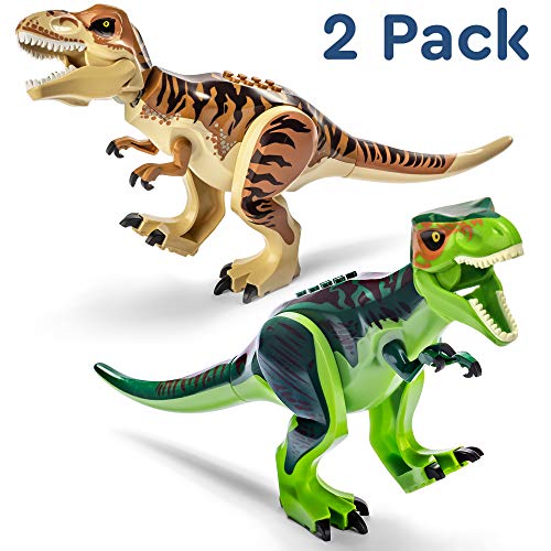 Set of 2 Large T-Rex Figures Dinosaur Toys for Kids 3-5 & Up - Dinosaur Building Blocks with Movable Limbs and Mouth Dino Toys for Boys & Girls 5-7 Gifts - 11.2x6.7 - Includes Bag and Stickers!