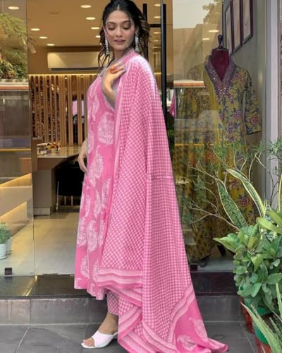 Image of PARTHVI Women's Rayon Blend Anarkali Printed Kurta with Pant & Dupatta & Dupatta