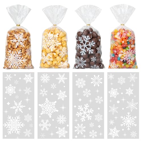GOMANCHE 100 Pieces Christmas Snowflake Cellophane Bags, Xmas Snowflake Clear Candy Bags with Metallic Twist Ties for Winter Christmas Party Snowflakes Birthday Supplies