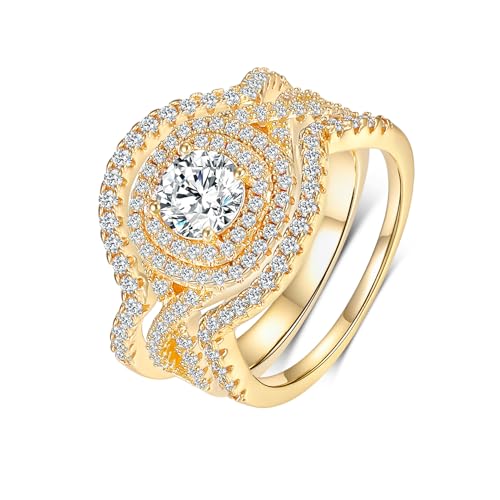 MDFUN Three-in-One Halo Engagement Rings Set for Women 14K Yellow Gold Plated Artificial Diamond Cubic Zirconia Wedding Promise Stackable Eternity Band Size 5-10