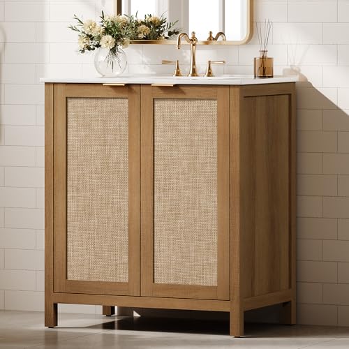SICOTAS 30" Rattan Bathroom Vanity with Ceramic Sink, Farmhouse Boho