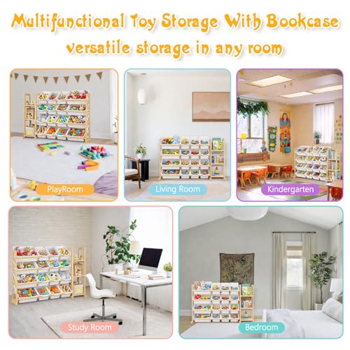 Kids Toy Storage Organizer with Bookshelf Wooden Shelf with 16 Bins and 3 Shelves, Quick A - image 7