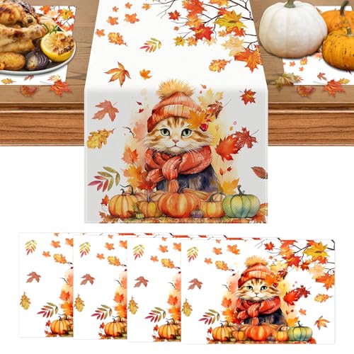 Lets Joy 1 Tischläufer Herbst Katze Kürbisse Ahornblätter Herbst Saisonaler Tischläufer und Tischsets Dekoration Thanksgiving