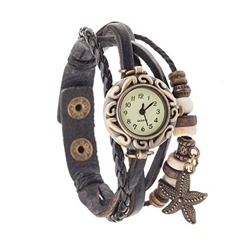 Highest Quality Vintage Style Ladies Quartz Wrist Watch With Genuine Leather Band Bracelet In Black Color, Braided Strap, Retro Beads And Bronze Colored Starfish Shaped Charm Pendant Dangle By VAGA