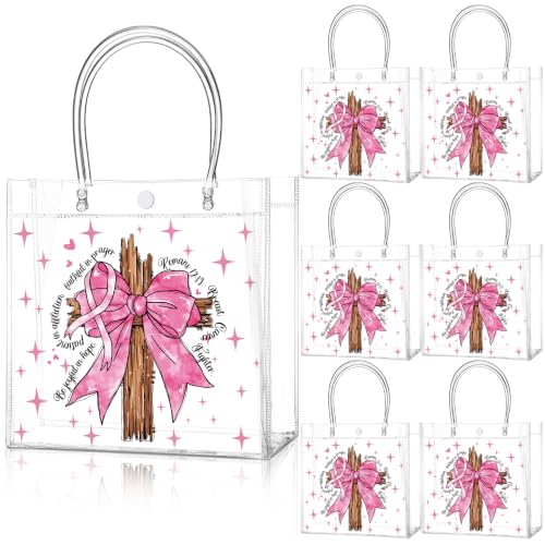 Image of Teenyyou 24 Pcs Breast Cancer Awareness PVC Gift Bags, Christian Bible Verse Romans 12: 12 Inspirational Treat Bags, Pink Ribbon Faith Goodie Containers for Breast Cancer Charity Party Favors