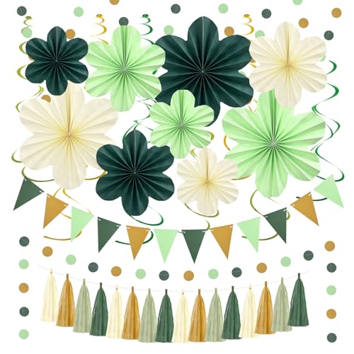 Image of Sage Green Birthday Decoration Green Plant Party Decorations Set | with Hanging Paper Flowers Tassel Garland and Swirls Sage Green Party Decoration for Women Girls Classroom Party Decor