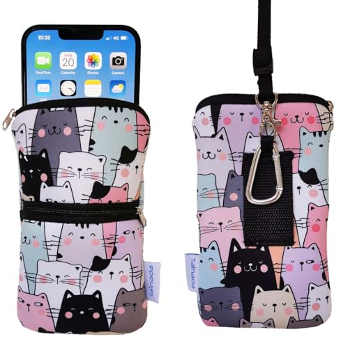 Image of Tainada 2-Zip Neck Phone Pocket Bag w /Belt Loop (Doodle Cats Style 1) | For Men /Women; Water-resistant neoprene pouch, shockproof, lightweight, w /carabiner; Compatible with most of smartphones