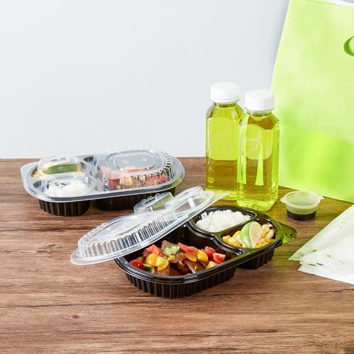 Image of Restaurantware-RW Base 19 Ounce Meal Prep Containers, 100 Microwavable To Go Containers With Lids - 3 Compartments, Disposable, Black Plastic Oval Food Containers, For Hot And Cold Food, Freezable