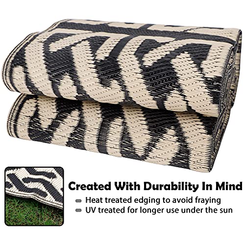 SAND MINE Reversible Mats, Plastic Straw Rug, Modern Area Rug, Large Floor Mat and Rug for Outdoors, RV, Patio, Backyard, Deck, Picnic, Beach, Camping, Trailer, Black & Beige, 5' x 8'