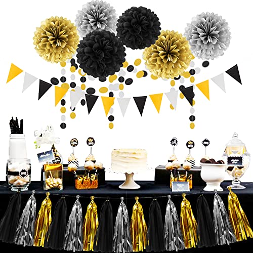 Image of Silver Black Gold Party Decorations - 23pcs Tissue Paper Flowers Pom Poms Tassel Garland Pennant Banner Flags Streamers Birthday New Years Eve Retirement Graduation Classroom Hanging Decor Supplies