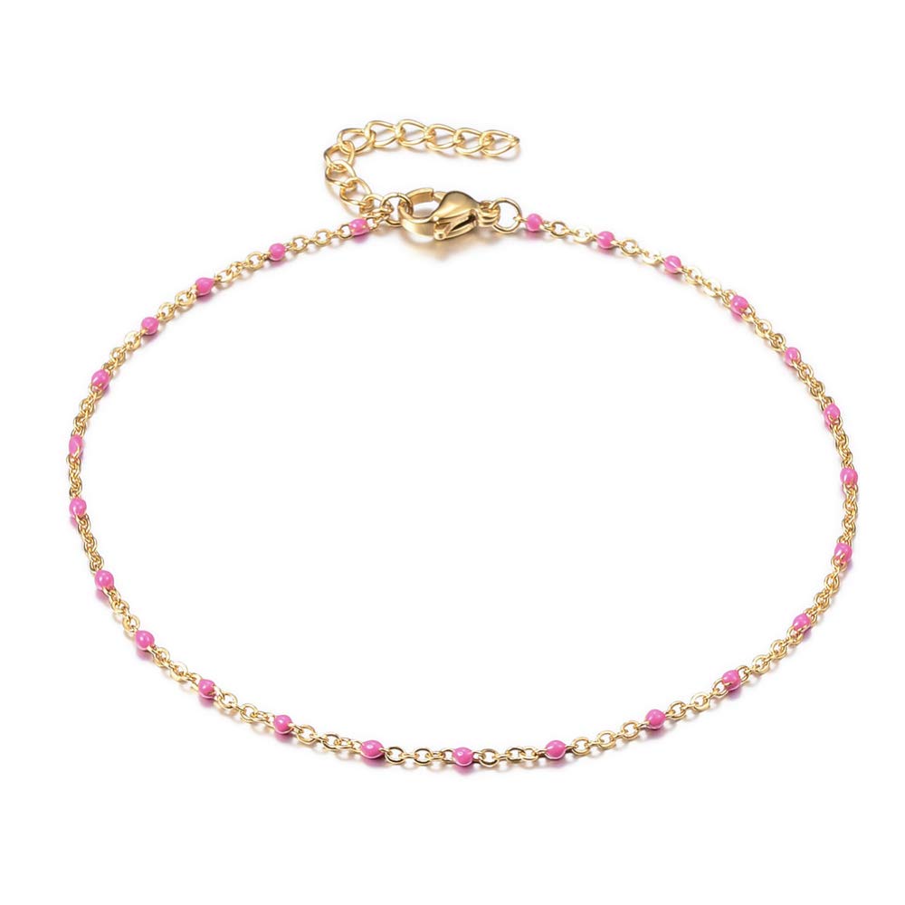 LZD Stainless Steel Chain Anklets Bracelet Enamel Blue Red Green Gold Pink Mixed 9" 2mm P279