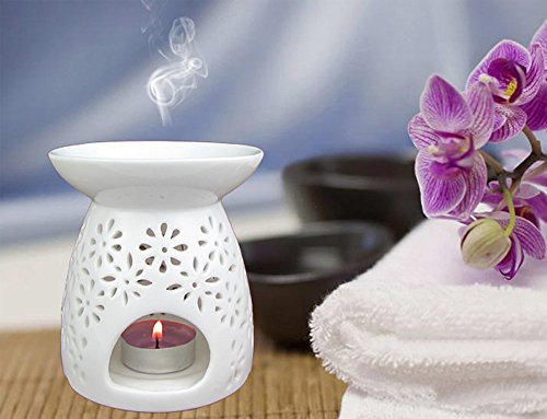 Toim Vase Shaped Milk White Ceramic Hollowing Floral Aroma Lamp Candle Warmers Fragrance Warmer Oil Diffuser Essential Oil Lamp Aromatherapy Furnace Ceramic Incense Burner Wax Melt Warmer (White) #TOP4