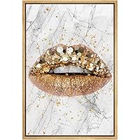SIGNWIN Framed Canvas Print Wall Art Teal and Gold Sparkled Glossy Lips on Black Background People Texture Photography Realism Glam Closeup Colorful for Living Room, Bedroom, Office - 16