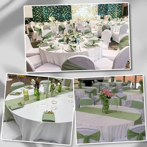 Image of 12Pack 12x108 Inch Satin Table Runner and 84 Inch Round Plastic Tablecloths White Sage Green Disposable Round Table Cover for Graduation Wedding Bridal Shower Anniversary Birthday Party Decorations
