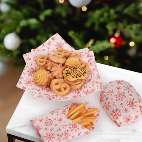 GeeRic Waxed Deli Paper Sheets 100 Pcs, Merry Christmas Food Basket Liners for Sandwiches Fries 12 * 12 Inch,X\'mas Burgers Deli Wrap Wax Paper Sheets Snowflakes Red - Thumbnail 5