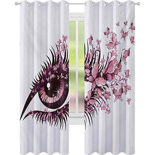 Cortinas con aislamiento térmico, ojo femenino de hadas con mariposas, pestañas rímel Stare Party Makeup, W52 x L84 cortinas opacas para dormitorio, color rosa pálido morado