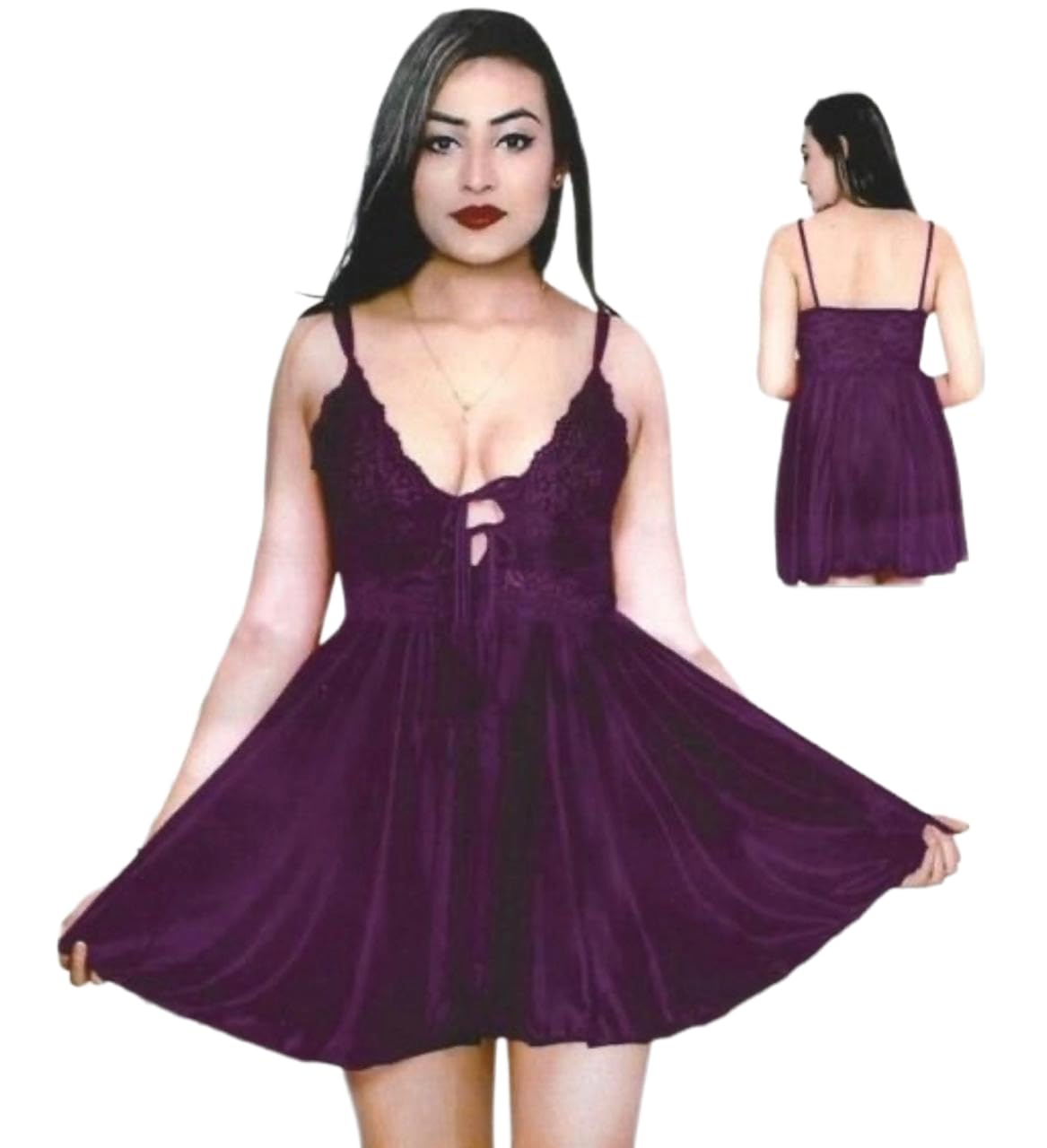 MOOLYAVAAN Products Women Satin Lace Babydoll Short Nighty Set with Panty | Short Sexy Lingerie Dress | Soft Sleepwear (Wine)-image-2