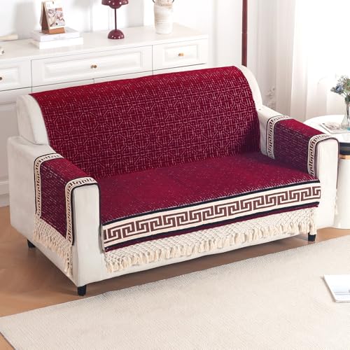 Image of HOKIPO 'Imperial Tassel Series' Thick & Soft Chenille Jacquard Sofa Cover 2 Seater Set for Seat, Back & Arms with Tassels, Royal Red (IN-1010 + IN-1012-I3*2)