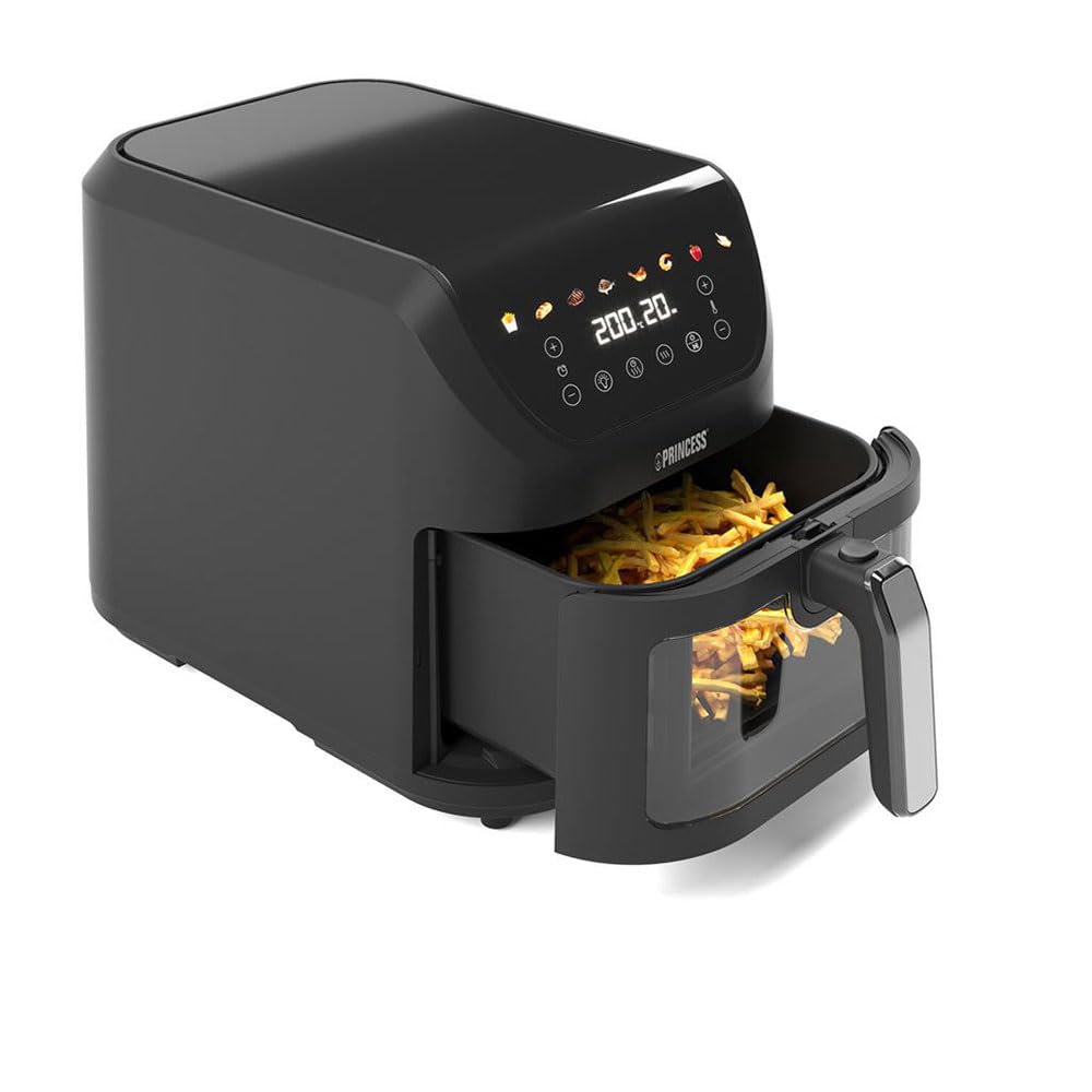 Princess SlimFry frytkownica na gorące powietrze, 8 l, oszczędność miejsca, technologia gotowania beztłuszczowego, 8 programów, przezroczyste okienko, 2000 W, czarna, frytkownica Airfryer