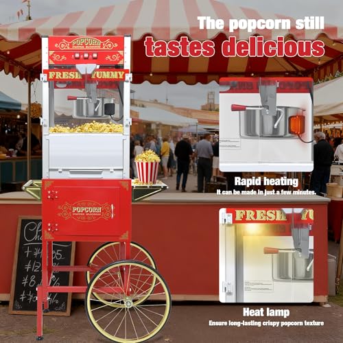 Image of 20 oz Commercial Popcorn Machine Cart - Classic Red Movie Theater Style Popcorn Maker with Storage Stand and Wheels for Home, Parties and Concession Stands