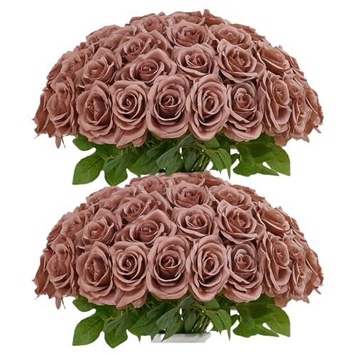 IUKnot 50pcs Dusty Roses Artificial Flowers Bulk,Fake Roses Silk Flower with Stems Realistic Flowers for Wedding Centerpiece Home Party Decor