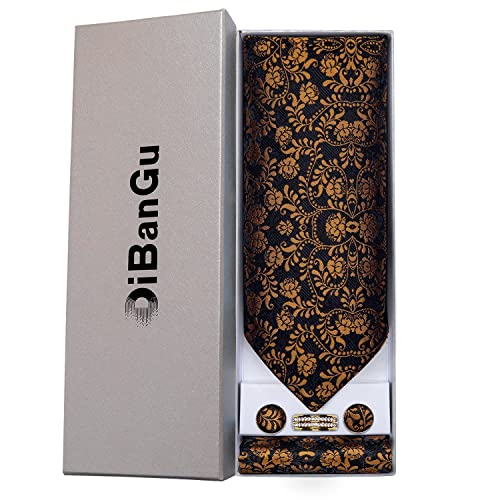 DiBanGu Black Gold Floral Ascot Ties for Men Silk Cravat Tie and Pocket Square Cufflinks Tie Ring Set