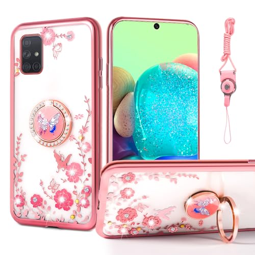 nancheng for Samsung Galaxy A71 5G Phone Case with Ring Stand Strap Lanyard Cute Girls Women Soft Silicone Shockproof Protection Cover - Rose Butterfly
