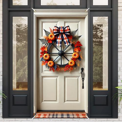Image of Fall Wagon Wheel Door Cover 35x71in Pumpkin Maple Plaid