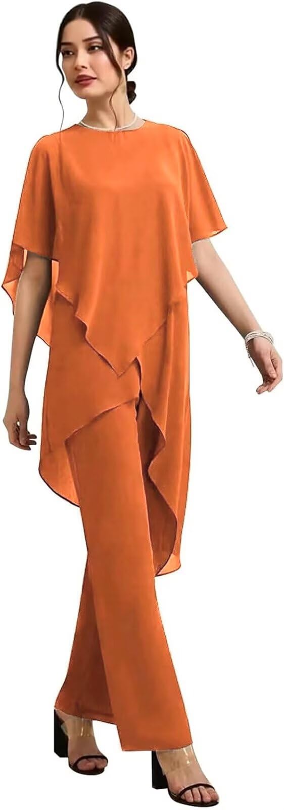 2 Pieces Mother of The Bride Pant Suits for Wedding Ruffle Chiffon Pantsuits for Women Dressy Long Formal