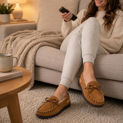 Image of Alpine Swiss Sabine Womens Moccasin Slippers Genuine Suede House Shoe Memory Foam Insole Plush Faux Shearling Fur Indoor Outdoor Anti-Slip Rubber Sole