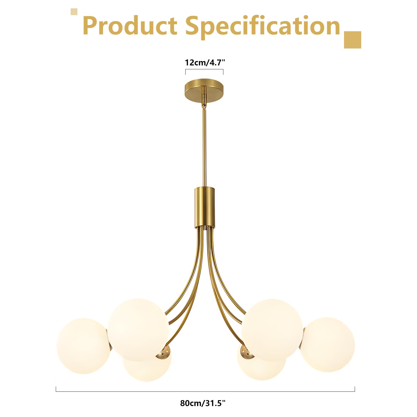 KCO Lighting Lampadario Sputnik Moderno 6 luci,Lampadario Oro Con Sfere Bianche per Sala da Pranzo, Isola Cucina, Soggiorno,Camera da Letto