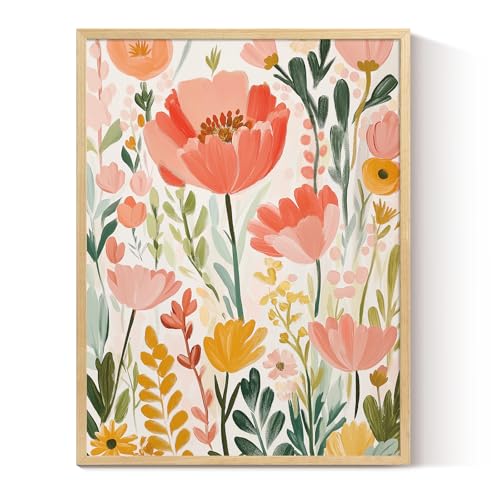 InSimSea Framed Canvas Flower Wall Art Print, Abstract Floral Painting Wall Decor, Colorful Botanical Artwork for Modern Bedroom, Bathroom, Living Room, Dorm Decoration, 12x16inch
